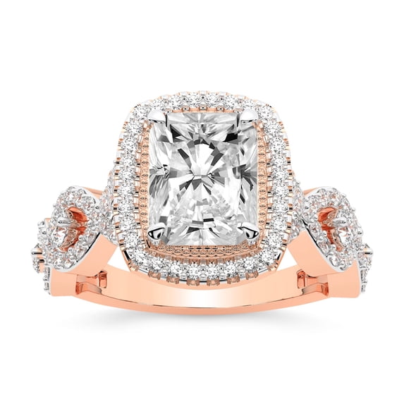 IGI Certified 2 Carat Radiant Shape Lab Grown Diamond Engagement Ring | 14K Rose Gold | Prestigia Criss Cross Halo Diamond Ring | FG-VS1-VS2 Quality Friendly Diamonds