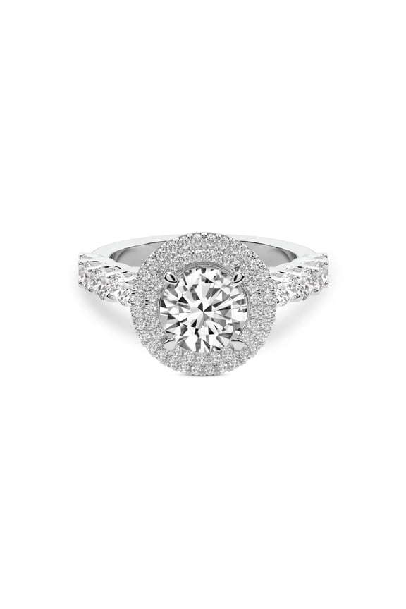 IGI Certified 2 Carat Round Shape Lab Grown Diamond Engagement Ring | 14K White Gold | Crowned Cresta Double Halo Diamond Ring | FG-VS1-VS2 Quality Friendly Diamonds