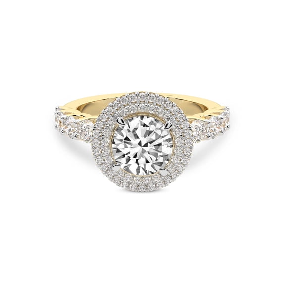 IGI Certified 2 Carat Round Shape Lab Grown Diamond Engagement Ring | 14K Yellow Gold | Crowned Cresta Double Halo Diamond Ring | FG-VS1-VS2 Quality Friendly Diamonds