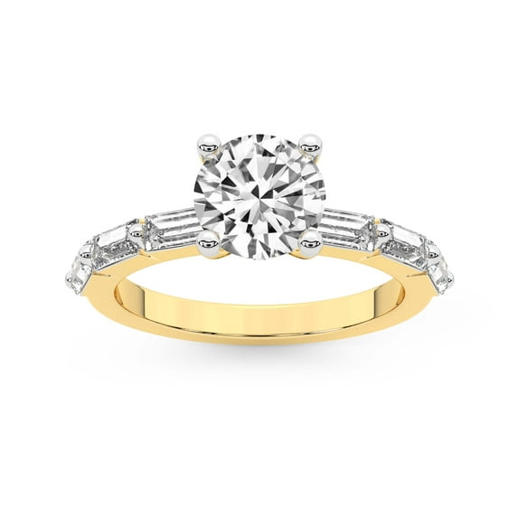 IGI Certified 2 Carat Round Shape Lab Grown Diamond Engagement Ring | 14K Yellow Gold | Kimberly Baguette Side Stone Diamond Ring | FG-VS1-VS2 Quality Friendly Diamonds