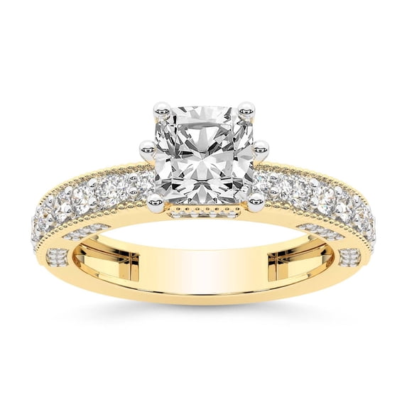 IGI Certified 3 Carat Cushion Shape Lab Grown Diamond Engagement Ring | 14K Yellow Gold | Regalia Milgrain Diamond Ring | FG-VS Quality Friendly Diamonds