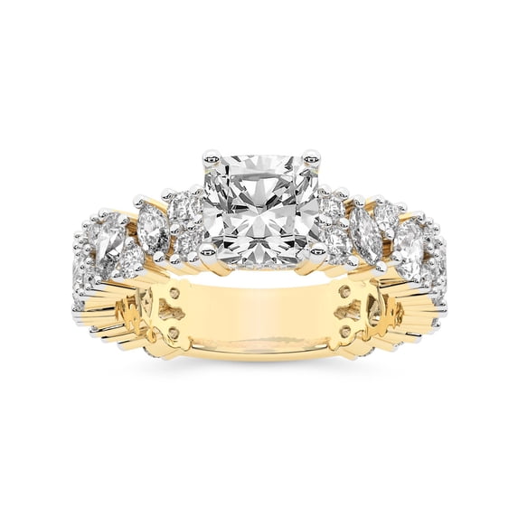 IGI Certified 3 Carat Cushion Shape Lab Grown Diamond Engagement Ring | 14K Yellow Gold | Skylar Side Stone Encrusted Diamond Ring | FG-VS Quality Friendly Diamonds
