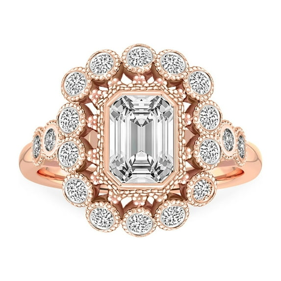 IGI Certified 3 Carat Emerald Shape Lab Grown Diamond Engagement Ring | 14K Rose Gold |Bloom Vintage Halo Diamond Ring | FG-VS1-VS2 Quality Friendly Diamonds