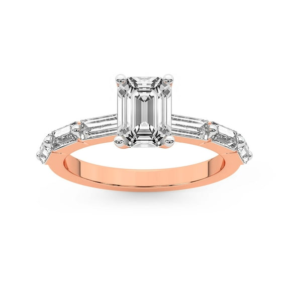 IGI Certified 3 Carat Emerald Shape Lab Grown Diamond Engagement Ring | 14K Rose Gold | Kimberly Baguette Side Stone Diamond Ring | FG-VS1-VS2 Quality Friendly Diamonds