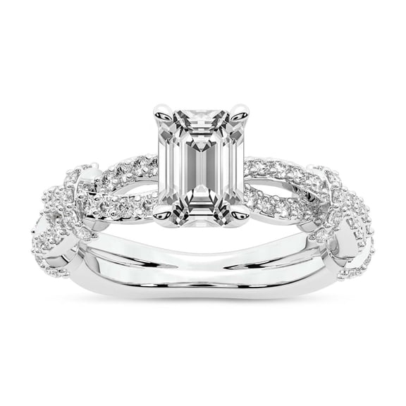 IGI Certified 3 Carat Emerald Shape Lab Grown Diamond Engagement Ring | 14K White Gold | Charlotte Double Twist Side Stone Diamond Ring | FG-VS1-VS2 Quality Friendly Diamonds