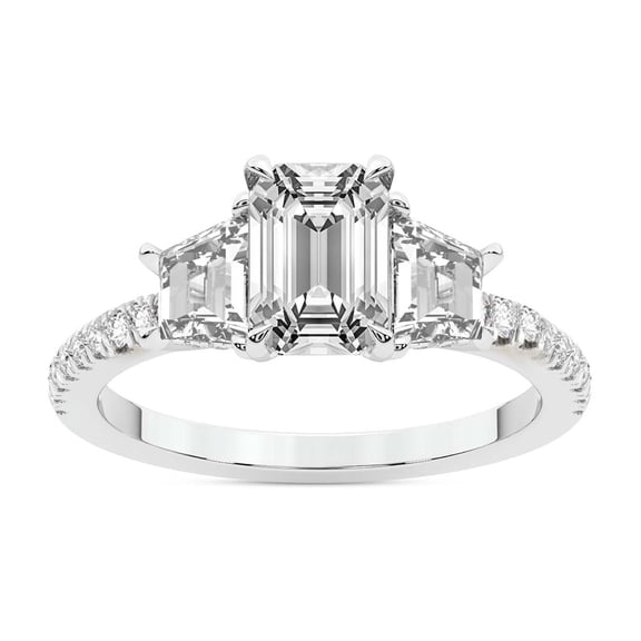 IGI Certified 3 Carat Emerald Shape Lab Grown Diamond Engagement Ring | 14K White Gold | Lavinia Three Stone Trapezoid Diamond Ring | FG-VS Quality Friendly Diamonds