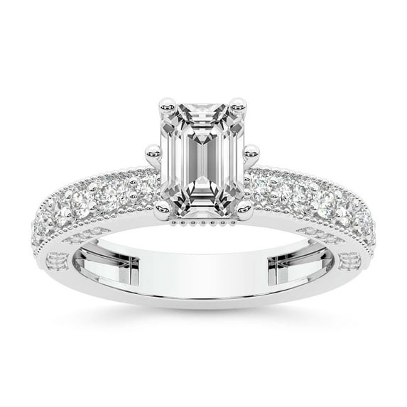 IGI Certified 3 Carat Emerald Shape Lab Grown Diamond Engagement Ring | 14K White Gold | Regalia Milgrain Diamond Ring | FG-VS Quality Friendly Diamonds