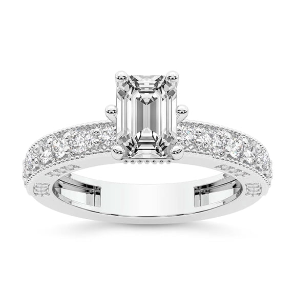 IGI Certified 3 Carat Emerald Shape Lab Grown Diamond Engagement Ring | 14K White Gold | Regalia Milgrain Diamond Ring | FG-VS Quality Friendly Diamonds