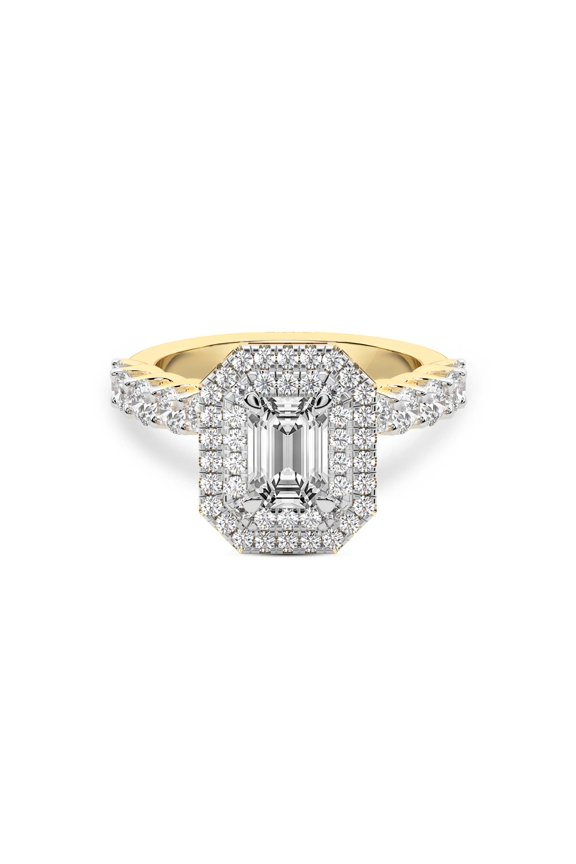 IGI Certified 3 Carat Emerald Shape Lab Grown Diamond Engagement Ring | 14K Yellow Gold | Crowned Cresta Double Halo Diamond Ring | FG-VS1-VS2 Quality Friendly Diamonds