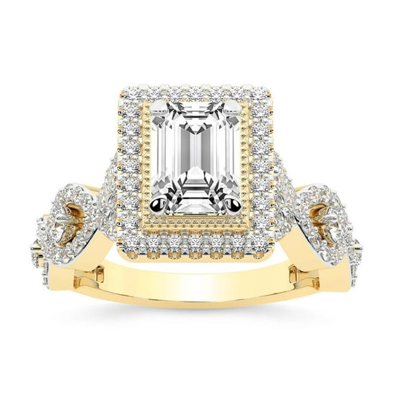 IGI Certified 3 Carat Emerald Shape Lab Grown Diamond Engagement Ring | 14K Yellow Gold | Prestigia Criss Cross Halo Diamond Ring | FG-VS1-VS2 Quality Friendly Diamonds