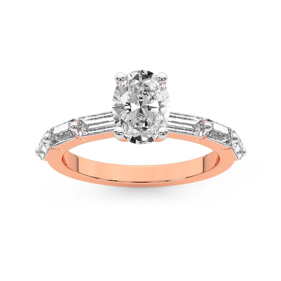 IGI Certified 3 Carat Oval Shape Lab Grown Diamond Engagement Ring | 14K Rose Gold | Kimberly Baguette Side Stone Diamond Ring | FG-VS1-VS2 Quality Friendly Diamonds
