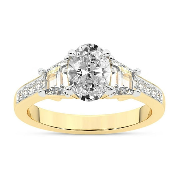 IGI Certified 3 Carat Oval Shape Lab Grown Diamond Engagement Ring | 14K Yellow Gold | Daria Trapezoid Three Stone Diamond Ring | FG-VS1-VS2 Quality Friendly Diamonds