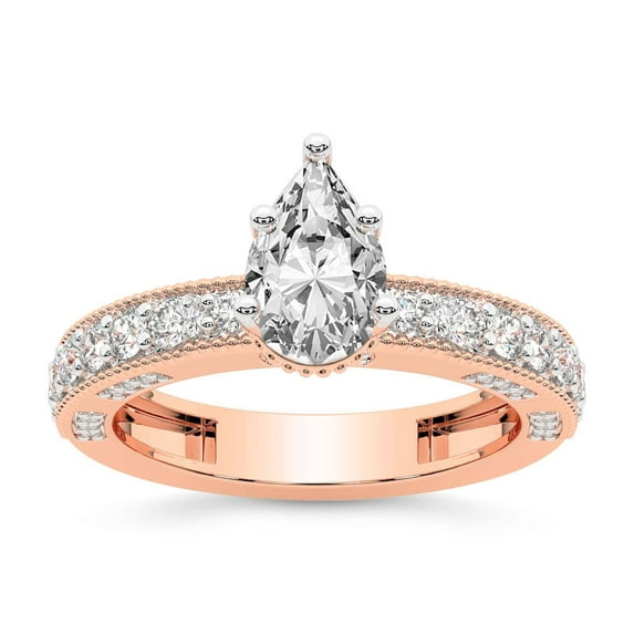 IGI Certified 3 Carat Pear Shape Lab Grown Diamond Engagement Ring | 14K Rose Gold | Regalia Milgrain Diamond Ring | FG-VS Quality Friendly Diamonds