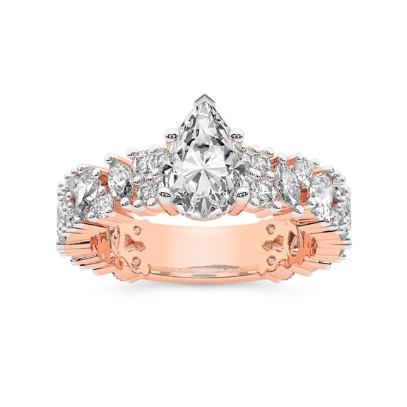 IGI Certified 3 Carat Pear Shape Lab Grown Diamond Engagement Ring | 14K Rose Gold | Skylar Side Stone Encrusted Diamond Ring | FG-VS Quality Friendly Diamonds