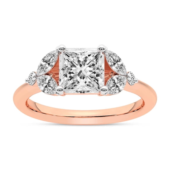 IGI Certified 3 Carat Princess Shape Lab Grown Diamond Engagement Ring | 14K Rose Gold | Beatrice Marquise Side Stone Diamond Ring | FG-VS1-VS2 Quality Friendly Diamonds