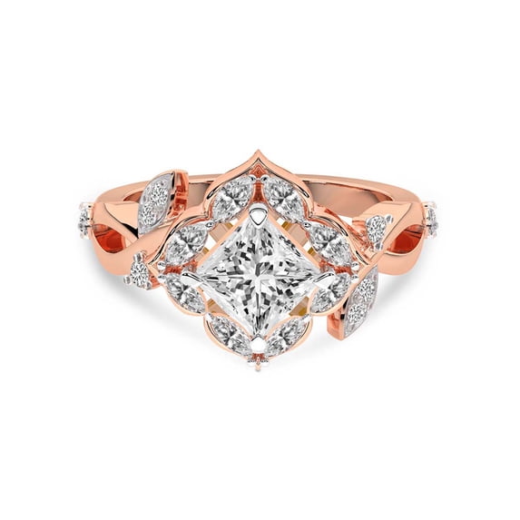 IGI Certified 3 Carat Princess Shape Lab Grown Diamond Engagement Ring | 14K Rose Gold | Garden Bloom Side Stone Diamond Ring | FG-VS1-VS2 Quality Friendly Diamonds