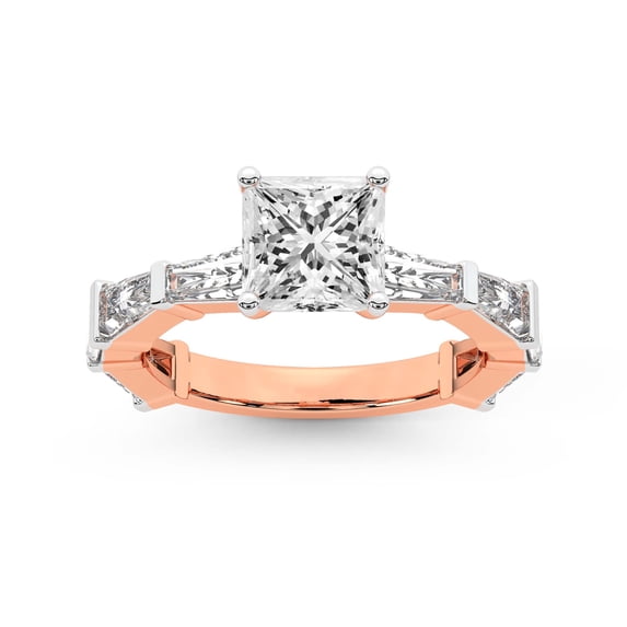 IGI Certified 3 Carat Princess Shape Lab Grown Diamond Engagement Ring | 14K Rose Gold | Gizele Tapered Side Stone Diamond Ring | FG-VS1-VS2 Quality Friendly Diamonds