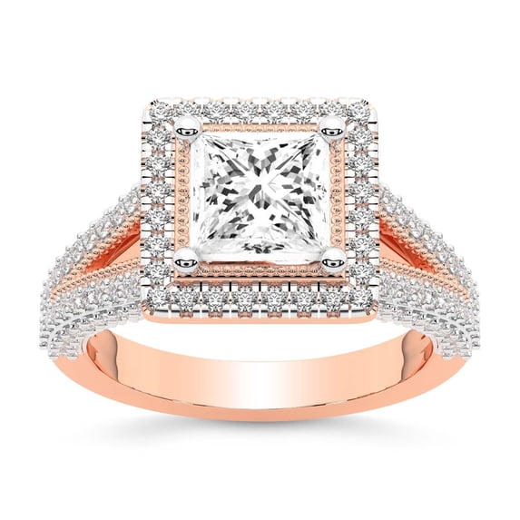 IGI Certified 3 Carat Princess Shape Lab Grown Diamond Engagement Ring | 14K Rose Gold | Opulenté Antique Halo Diamond Ring | FG-VS Quality Friendly Diamonds