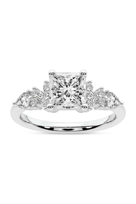 IGI Certified 3 Carat Princess Shape Lab Grown Diamond Engagement Ring | 14K White Gold | Josephine Four Prong Side Stone Diamond Ring | FG-VS1-VS2 Quality Friendly Diamonds