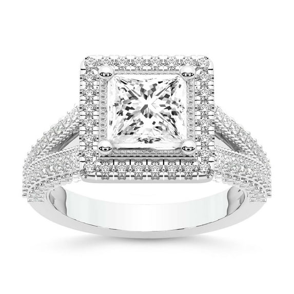IGI Certified 3 Carat Princess Shape Lab Grown Diamond Engagement Ring | 14K White Gold | Opulenté Antique Halo Diamond Ring | FG-VS Quality Friendly Diamonds