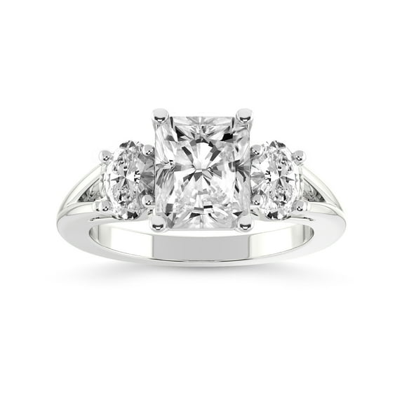 IGI Certified 3 Carat Radiant Shape Lab Grown Diamond Engagement Ring | 14K White Gold | Bethany Three Stone Side Oval Diamond Ring | FG-VS1-VS2 Quality Friendly Diamonds