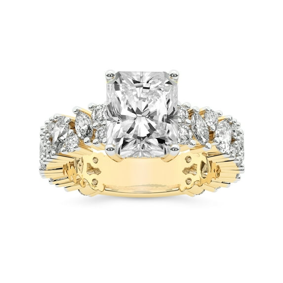 IGI Certified 3 Carat Radiant Shape Lab Grown Diamond Engagement Ring | 14K Yellow Gold | Skylar Side Stone Encrusted Diamond Ring | FG-VS Quality Friendly Diamonds