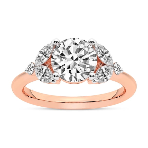 IGI Certified 3 Carat Round Shape Lab Grown Diamond Engagement Ring | 14K Rose Gold | Beatrice Marquise Side Stone Diamond Ring | FG-VS1-VS2 Quality Friendly Diamonds