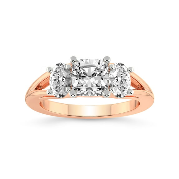 IGI Certified 4 Carat Cushion Shape Lab Grown Diamond Engagement Ring | 14K Rose Gold | Bethany Three Stone Side Oval Diamond Ring | FG-VS1-VS2 Quality Friendly Diamonds