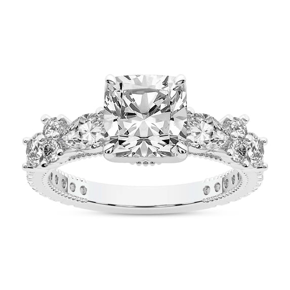IGI Certified 4 Carat Cushion Shape Lab Grown Diamond Engagement Ring | 14K White Gold | Chrizan Round & Pear Side Stone Diamond Ring | FG-VS1-VS2 Quality Friendly Diamonds