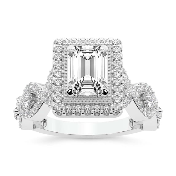 IGI Certified 4 Carat Emerald Shape Lab Grown Diamond Engagement Ring | 14K White Gold | Prestigia Criss Cross Halo Diamond Ring | FG-VS1-VS2 Quality Friendly Diamonds