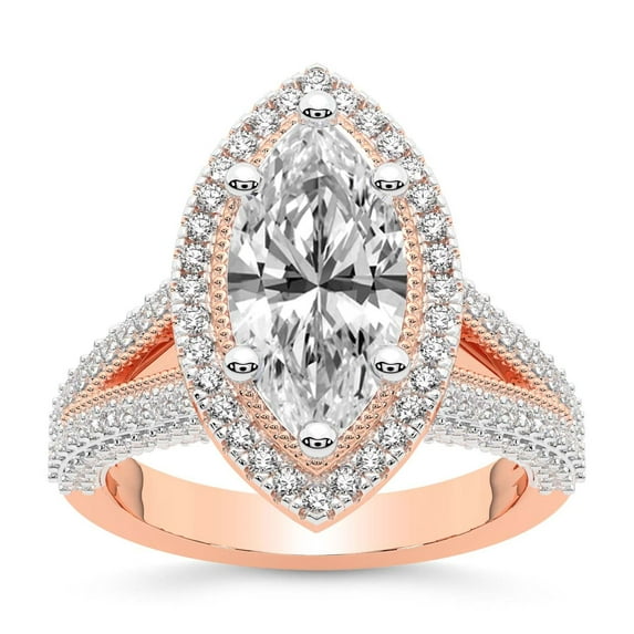 IGI Certified 4 Carat Marquise Shape Lab Grown Diamond Engagement Ring | 14K Rose Gold | Opulenté Antique Halo Diamond Ring | FG-VS Quality Friendly Diamonds