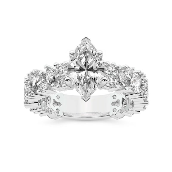 IGI Certified 4 Carat Marquise Shape Lab Grown Diamond Engagement Ring | 14K White Gold | Skylar Side Stone Encrusted Diamond Ring | FG-VS Quality Friendly Diamonds