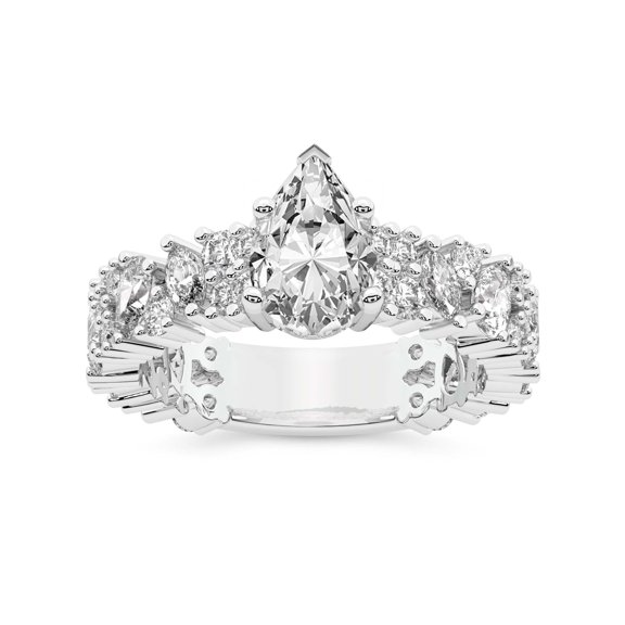IGI Certified 4 Carat Pear Shape Lab Grown Diamond Engagement Ring | 14K White Gold | Skylar Side Stone Encrusted Diamond Ring | FG-VS Quality Friendly Diamonds