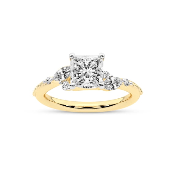 IGI Certified 4 Carat Princess Shape Lab Grown Diamond Engagement Ring | 14K Yellow Gold | Emmeline Crisscross Side Stone Diamond Ring | FG-VS1-VS2 Quality Friendly Diamonds
