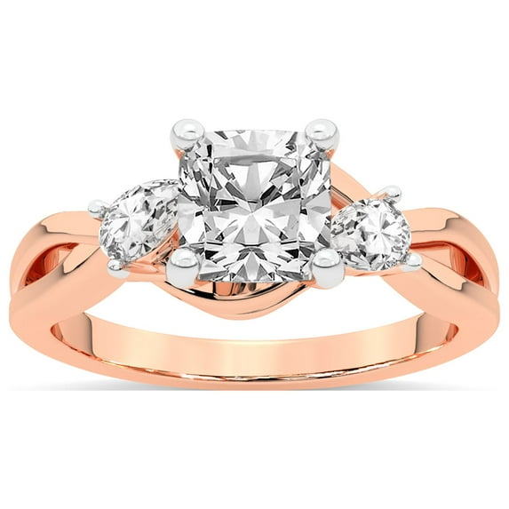 IGI Certified 5 Carat Cushion Shape Lab Grown Diamond Engagement Ring | 14K Rose Gold | Odette Three Stone Bypass Diamond Ring | FG-VS1-VS2 Quality Friendly Diamonds