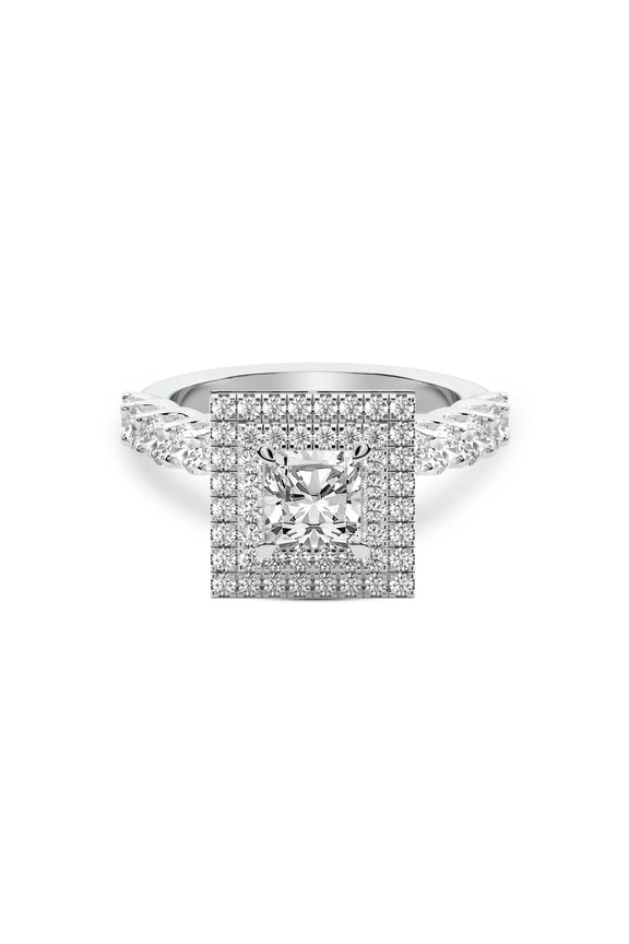 IGI Certified 5 Carat Cushion Shape Lab Grown Diamond Engagement Ring | 14K White Gold | Crowned Cresta Double Halo Diamond Ring | FG-VS1-VS2 Quality Friendly Diamonds
