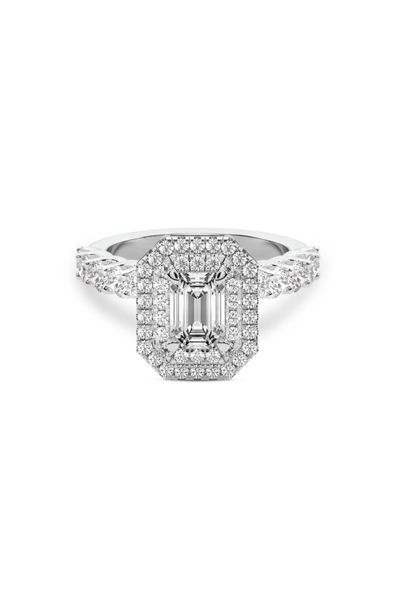 IGI Certified 5 Carat Emerald Shape Lab Grown Diamond Engagement Ring | 14K White Gold | Crowned Cresta Double Halo Diamond Ring | FG-VS1-VS2 Quality Friendly Diamonds