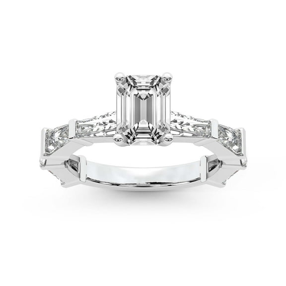IGI Certified 5 Carat Emerald Shape Lab Grown Diamond Engagement Ring | 14K White Gold | Gizele Tapered Side Stone Diamond Ring | FG-VS1-VS2 Quality Friendly Diamonds