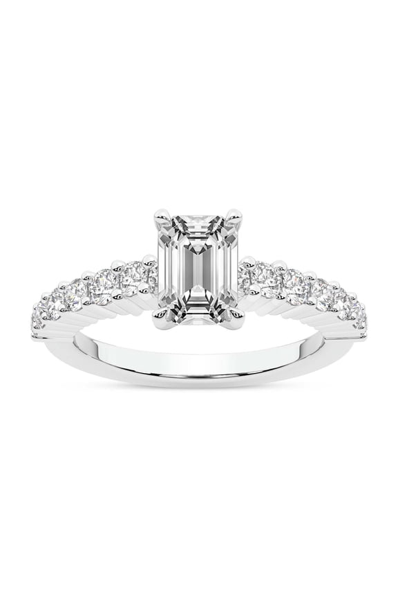 IGI Certified 5 Carat Emerald Shape Lab Grown Diamond Engagement Ring | 14K White Gold | Lottie Four Claw Side Stone Diamond Ring | FG-VS1-VS2 Quality Friendly Diamonds