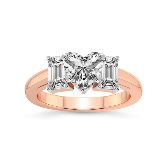 IGI Certified 5 Carat Heart Shape Lab Grown Diamond Engagement Ring | 14K Rose Gold | Lauren Three stone Emerald Shape Side Lab Diamond Ring | FG-VS1-VS2 Quality Friendly Diamonds