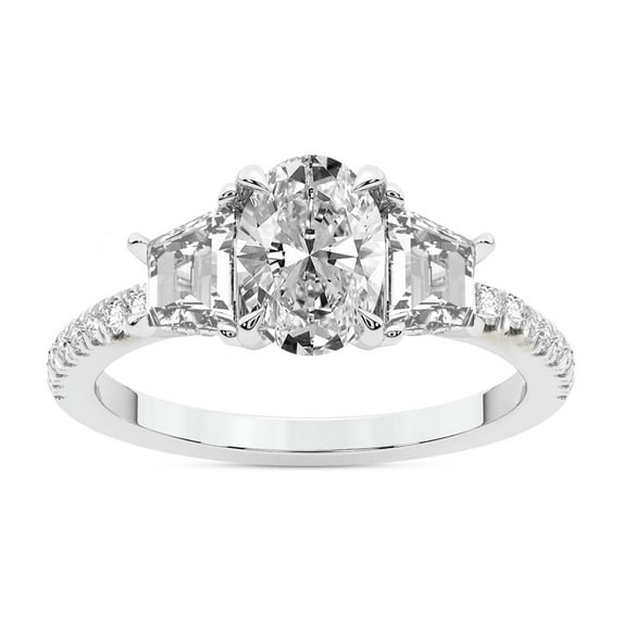 IGI Certified 5 Carat Oval Shape Lab Grown Diamond Engagement Ring | 14K White Gold | Lavinia Three Stone Trapezoid Diamond Ring | FG-VS Quality Friendly Diamonds