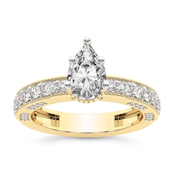 IGI Certified 5 Carat Pear Shape Lab Grown Diamond Engagement Ring | 14K Yellow Gold | Regalia Milgrain Diamond Ring | FG-VS Quality Friendly Diamonds