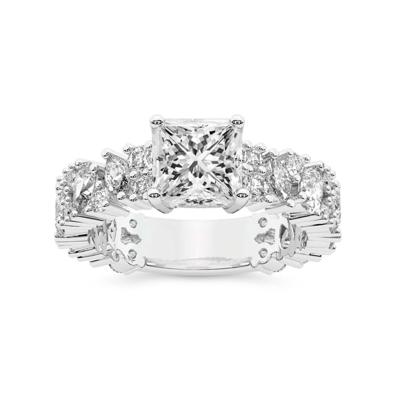 IGI Certified 5 Carat Princess Shape Lab Grown Diamond Engagement Ring | 14K White Gold | Skylar Side Stone Encrusted Diamond Ring | FG-VS Quality Friendly Diamonds