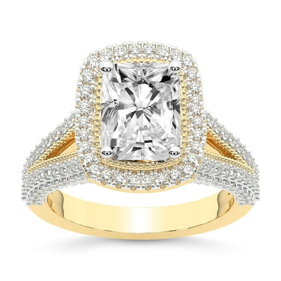 IGI Certified 5 Carat Radiant Shape Lab Grown Diamond Engagement Ring | 14K Yellow Gold | Opulenté Antique Halo Diamond Ring | FG-VS Quality Friendly Diamonds