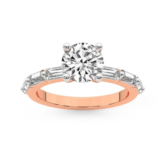IGI Certified 5 Carat Round Shape Lab Grown Diamond Engagement Ring | 14K Rose Gold | Kimberly Baguette Side Stone Diamond Ring | FG-VS1-VS2 Quality Friendly Diamonds