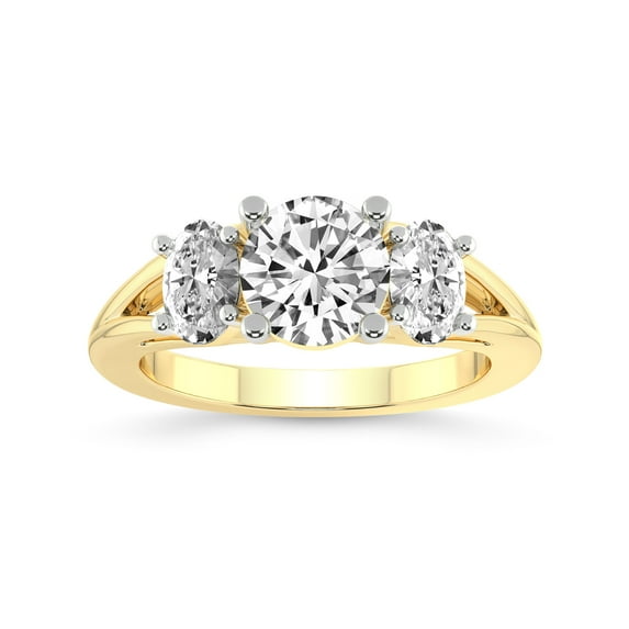 IGI Certified 5 Carat Round Shape Lab Grown Diamond Engagement Ring | 14K Yellow Gold | Bethany Three Stone Side Oval Diamond Ring | FG-VS1-VS2 Quality Friendly Diamonds