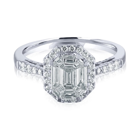 IGI Certified 7/8 Carat Emerald Cut and Round Diamond Mosaic Ring in 14k White Gold Size 6