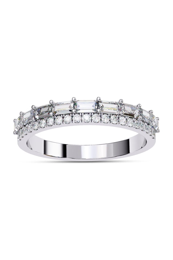 IGI Certified Baguette And Round Lab Grown Diamond Double Row Half Eternity Engagement Wedding Band Rings For Women 14K Solid White Gold | F-G, VS-SI Quality (0.70 Cttw)