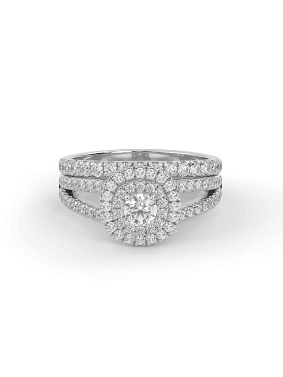 IGI Certified Double Halo Split Shank Bridal Ring Set, 1.10 Cttw Lab Grown Diamond Engagement Wedding Rings for Women In 14K Solid White Gold F-G, VS-SI Quality Ring Size-4.5