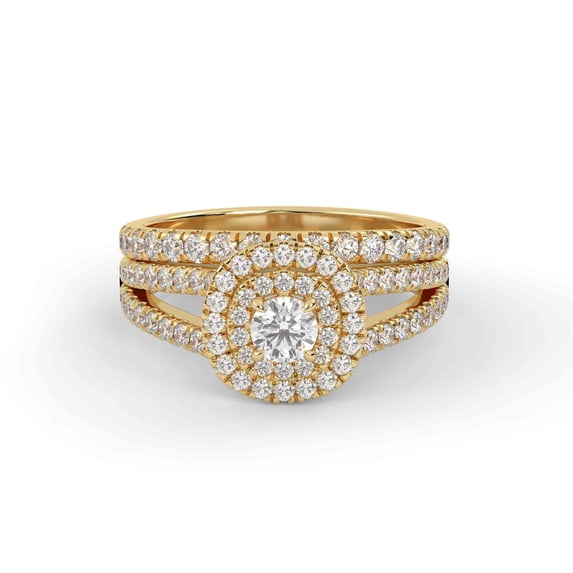 IGI Certified Double Halo Split Shank Bridal Ring Set, 1.10 Cttw Lab Grown Diamond Engagement Wedding Rings for Women In 14K Solid Yellow Gold F-G, VS-SI Quality Ring Size-7.5